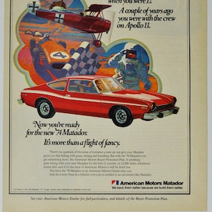 Annonce voiture 1974 AMC Matador X Coupé (American Motors Company Classic vieille photo publicité pièces impression concessionnaire concessionnaire brochure auto USA États-Unis)