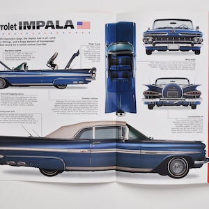 Könnte beinhalten: Ein blauer Chevrolet Impala Cabriolet von 1959 mit weißem Verdeck. Das Auto verfügt über ein Continental-Kit, einen großen Kofferraum und einen großen Motor. Das Bild enthält Text über die Ausstattungsmerkmale und technischen Daten des Fahrzeugs.