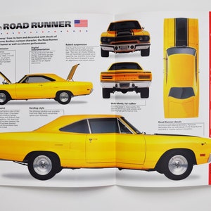 May include: A magazine spread featuring a yellow 1970 Plymouth Road Runner. The page includes multiple views of the car, specifications, and details about the vehicle's features. The Road Runner logo and American flag are visible.
