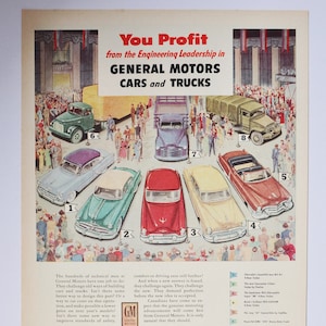 Grote autoadvertentie 1953 General Motors (autobedrijf klassieke oude fotoadvertentie onderdelen gedrukte brochure dealer dealer GM american usa auto)