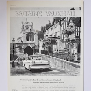 Grande pubblicità per auto 1959 Vauxhall (azienda automobilistica, pubblicità fotografica d'epoca, brochure stampata, concessionaria Pontiac, concessionaria motori Inghilterra Gran Bretagna)