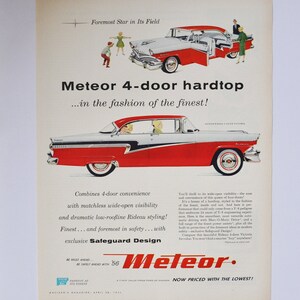 Grote autoadvertentie 1956 Ford Meteor (autobedrijf klassieke oude fotoadvertentie onderdelen gedrukte brochure dealer dealer luxe klassieker Canada)