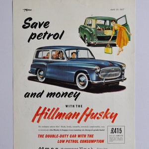 Auto-Werbung 1957 Hillman Husky (motor company klassisches altes Foto-Werbedruck-Broschüre-Verkaufsvertretung britisch Rootes Motors England UK London)
