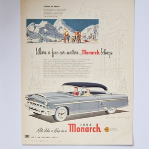 Grote autoadvertentie 1953 Ford Monarch (autobedrijf klassieke oude fotoadvertentie onderdelen gedrukte brochure dealer dealerschap Banff Ski Canada)