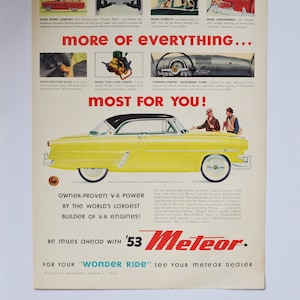 Grote autoadvertentie 1953 Ford Meteor (autobedrijf klassieke oude fotoadvertentie onderdelen gedrukte brochure dealer dealer klassieke auto canada)