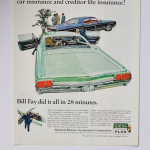 Grote autoadvertentie uit de jaren 60 General Motors (autobedrijf klassieke oude fotoadvertentie onderdelen gedrukte brochure dealer GMAC Acceptance Corporation)