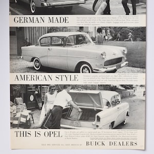 Grote autoadvertentie 1959 Opel-/Buick-dealers (autobedrijf klassieke oude fotoadvertentie onderdelen gedrukte brochure dealer auto rekord Duits)