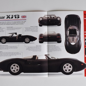 Fiche technique Jaguar XJ13 (1966) (photo de voiture stat info specs brochure parts ad old vintage print classic engine england coventry sports auto UK)