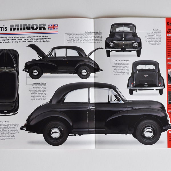 Spec Sheet Morris Minor (1948-1971) (car photo stat info specs brochure parts ad old vintage print sport race Cowley Oxford England auto)