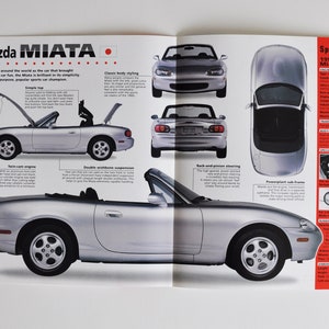 Fiche technique Mazda Miata (1989 AUJOURD'HUI) (photos de voitures, statistiques, informations, caractéristiques, brochure, pièces imprimées, publicité vintage, vieille voiture de sport, japon, kogyo)