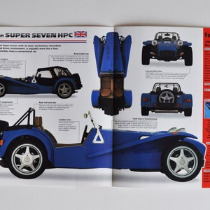 Folha de especificações Caterham Super Seven 7 HPC (1992-1997) (foto do carro, informações sobre especificações, folheto de peças, anúncio de impressão antiga, corrida esportiva, Surrey, Inglaterra, automóvel)