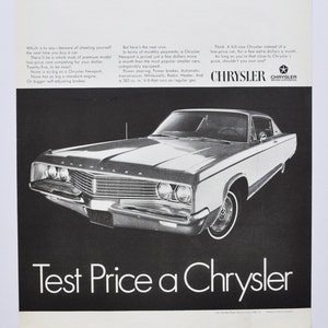 Pubblicità di un'auto di grandi dimensioni del 1968, Chrysler Newport (pubblicità di una vecchia foto classica di una società di motori, brochure di stampa di parti di ricambio, concessionario americano Canada Flite Control)