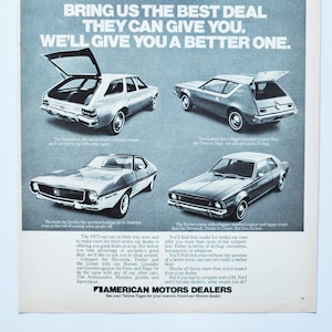 Grande pubblicità per auto 1972 AMC (American Motors Dealers Company, pubblicità fotografica classica, Ambassador Hornet Gremlin Javelin Sportabout Matador)