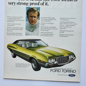 Anúncio de carro grande 1972 Ford Torino (companhia de automóveis clássica foto antiga peças de anúncio imprimir folheto revendedor concessionária us auto america hardtop)