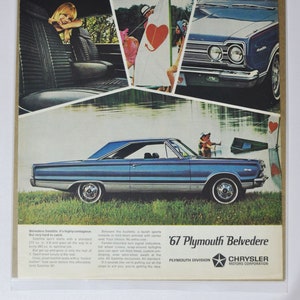 Grande pubblicità per auto 1967 Plymouth Belvedere (azienda automobilistica Chrysler, vecchia pubblicità fotografica classica, parti, brochure stampata, concessionario, garage, USA)