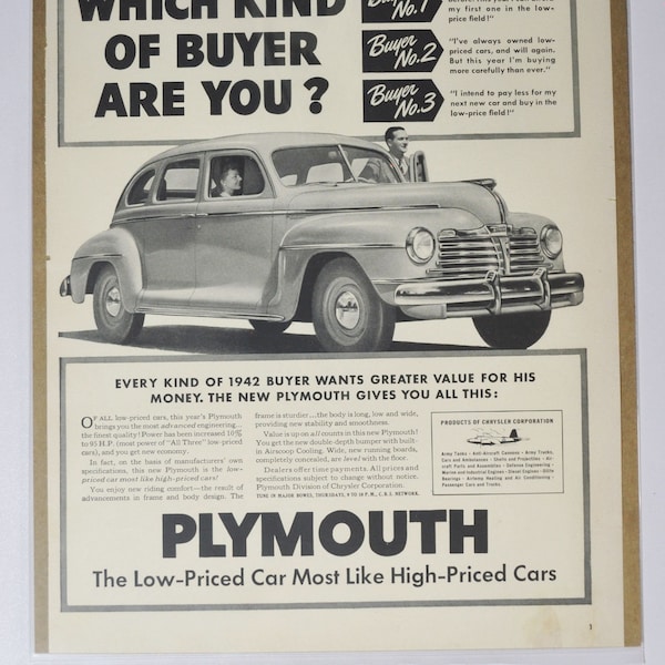 Large Car Ad 1942 Plymouth (motor company chrysler old classic photo advertisement parts print brochure dealer dealership garage USA US)
