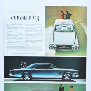Grote autoadvertentie 1963 Chrysler (autobedrijf klassieke oude fotoadvertentie onderdelen gedrukte brochure dealer Newport New Yorker Sport Bred 300)