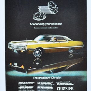 Grande pubblicità per auto Chrysler Newport del 1969 (azienda automobilistica, vecchia foto classica, pubblicità, parti, brochure stampate, concessionario, motore americano, Firebolt V8)