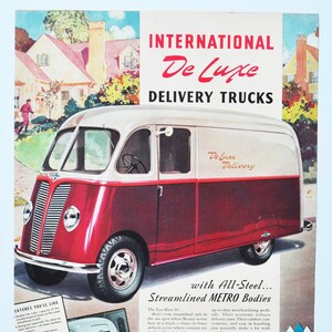 Grande annuncio pubblicitario 1940 camion per consegne International Trucks (motore classico vecchia foto pubblicità stampata mietitrebbia azienda hamilton ontario canada)