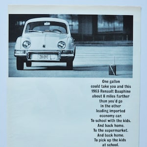 Grande pubblicità per auto 1963 Renault Dauphine (azienda automobilistica, vecchia foto classica, pubblicità, brochure stampata, concessionaria, motori, Francia, francese)