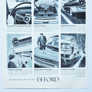 Grande pubblicità per auto Ford del 1961 (azienda automobilistica, foto d'epoca classica, pubblicità, parti, brochure stampate, concessionario, auto USA, sicurezza, comfort, silenziosità)
