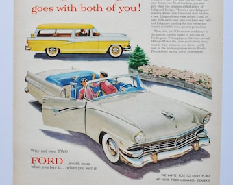 Anuncio de coche grande Ford 1956 (anuncio fotográfico antiguo clásico de la empresa automovilística, folleto impreso de piezas, concesionario Thunderbird, motor V-8)