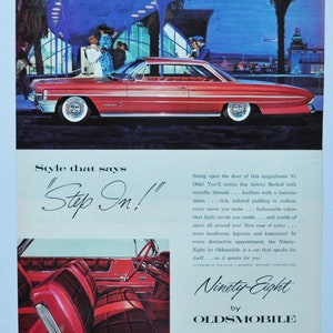 Grande pubblicità per auto Oldsmobile 98 del 1961 (GM General Motors Company, pubblicità fotografica classica d'epoca, parti, brochure stampata, concessionario Olds Auto Holiday)