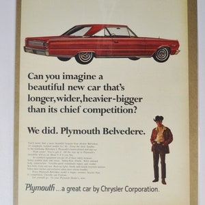 Grande pubblicità per auto 1966 Plymouth Belvedere (azienda automobilistica Chrysler, vecchia pubblicità fotografica classica, parti, brochure stampata, concessionario, garage, USA)