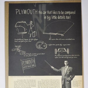 Grote autoadvertentie Plymouth (autobedrijf chrysler oude klassieke fotoadvertentie onderdelen gedrukte brochure dealer dealergarage VS VS)