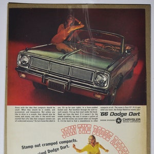 Grande pubblicità per auto 1966 Dodge Dart GT (azienda automobilistica, pubblicità fotografica d'epoca, parti, brochure stampata, concessionaria, concessionario Chrysler Auto USA)