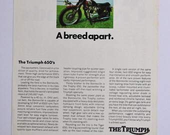 Anuncio de motocicletas Triumph 650 de los años 60 (fotografía antigua clásica de una empresa de motocicletas, anuncio original, impresión, piezas de motor, bicicleta, ciclo, Reino Unido, inglés)