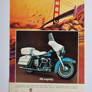 Publicité pour moto des années 1970 pour Harley-Davidson Electra Glide (moto classique de l'entreprise)