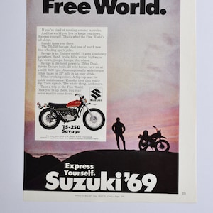 Publicité pour moto Suzuki TS-250 Savage de 1969 (moto classique, vieille photo, publicité originale, pièces détachées, brochure imprimée, concessionnaire, moto)