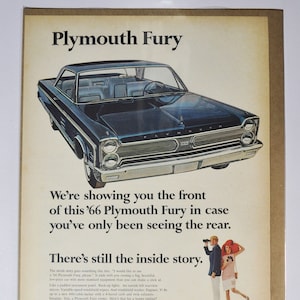 Grande pubblicità per auto 1966 Plymouth Fury (azienda automobilistica Chrysler vecchia pubblicità fotografica classica parti brochure stampata concessionario concessionaria garage USA)