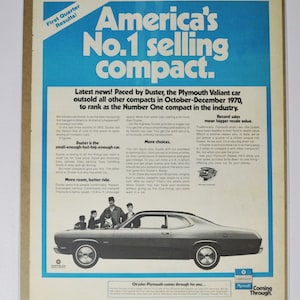 Grande pubblicità per auto 1970 Plymouth Valiant (azienda automobilistica Chrysler vecchia pubblicità fotografica classica parti brochure stampata concessionario concessionaria garage USA)