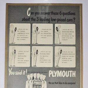 Grote autoadvertentie Plymouth (autobedrijf chrysler oude klassieke fotoadvertentie onderdelen gedrukte brochure dealer dealergarage VS VS)
