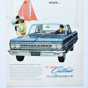 Grote autoadvertentie 1963 Oldsmobile F-85 Cutlass (GM General Motors Company klassieke oude fotoadvertentie onderdelen gedrukte brochure dealer olds auto)