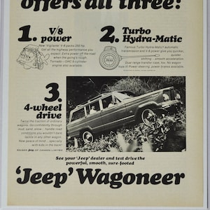 Publicité pour une voiture Jeep Wagoneer (ancienne photo classique de la brochure publicitaire sur les pièces rétro imprimées par le concessionnaire AMC american motors kaiser corporation)