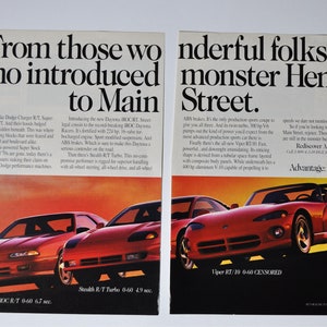 2-seitiges Auto Werbung 1992 Daytona IROC R/T / Stealth R/T Turbo / Viper RT/10 (chrysler Motor Company klassische alter Fotodruck Werbung Sport)