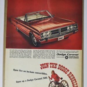 Grote autoadvertentie Dodge Coronet 500 (autobedrijf klassieke oude fotoadvertentie onderdelen gedrukte brochure dealer dealer chrysler auto vs us)