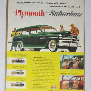 Pubblicità di un'auto di grandi dimensioni Plymouth Suburban (azienda automobilistica Chrysler, vecchia pubblicità fotografica classica, parti, brochure stampata, concessionario, garage, USA)