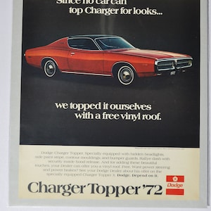 Pubblicità di un'auto di grandi dimensioni, 1972, Dodge Charger Topper (foto pubblicitaria classica di una vecchia azienda automobilistica, parti, brochure stampata, concessionaria, concessionario Chrysler Auto)