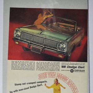 Grande pubblicità per auto 1966 Dodge Dart GT (azienda automobilistica, pubblicità fotografica d'epoca, parti, brochure stampata, concessionaria, concessionario Chrysler Auto USA)