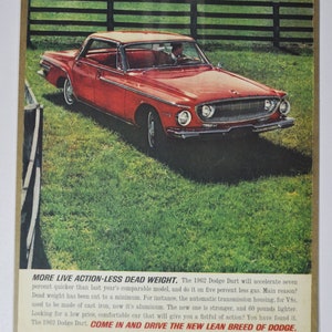 Grote autoadvertentie 1962 Dodge Dart (motorbedrijf klassieke oude fotoadvertentie onderdelen gedrukte brochure dealer dealer chrysler usa us red auto)