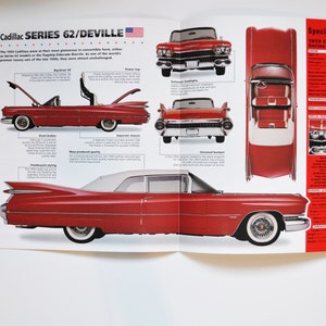 May include: A spread featuring a 1959 Cadillac Series 62 convertible in red with a white roof. The page includes detailed diagrams and specifications of the car, including its features and dimensions.