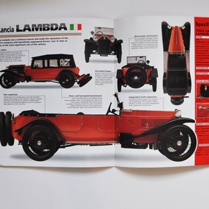 May include: A double-page spread from a vintage car magazine showcasing the Lancia Lambda. The page includes illustrations of the car from various angles, specifications, and technical details. The car is red with black wheels.