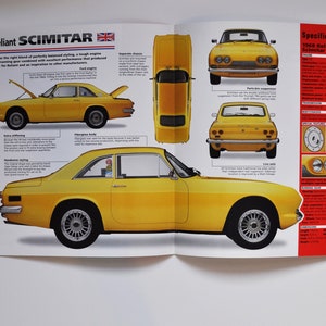 Puede incluir: Un coche deportivo Reliant Scimitar SE5b amarillo de 1968 con interior negro. El coche se muestra desde diferentes ángulos, incluyendo una vista lateral, frontal y trasera. El coche tiene una carrocería de fibra de vidrio, un motor Ford y un chasis separado. El texto "Reliant Scimitar" y "Especificaciones 1968 Reliant Scimitar SE5b" es visible en la imagen.