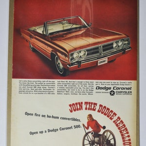 Pubblicità di un'auto di grandi dimensioni Dodge Coronet 500 (azienda automobilistica, pubblicità fotografica classica d'epoca, parti, brochure stampate, concessionaria, concessionario Chrysler Auto USA US)