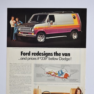 Anúncio de carro 1975 Ford Econoline 150 Van (companhia de automóveis clássica foto antiga propaganda peças imprimir folheto pôster concessionária revendedora americana)