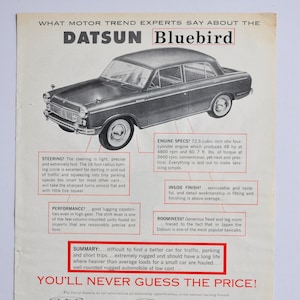 Car Ad 1961 Datsun Bluebird (motor company klassisches altes Foto-Werbedruckteil-Broschüre-LKW abholen nissan Motor corp USA Japan)
